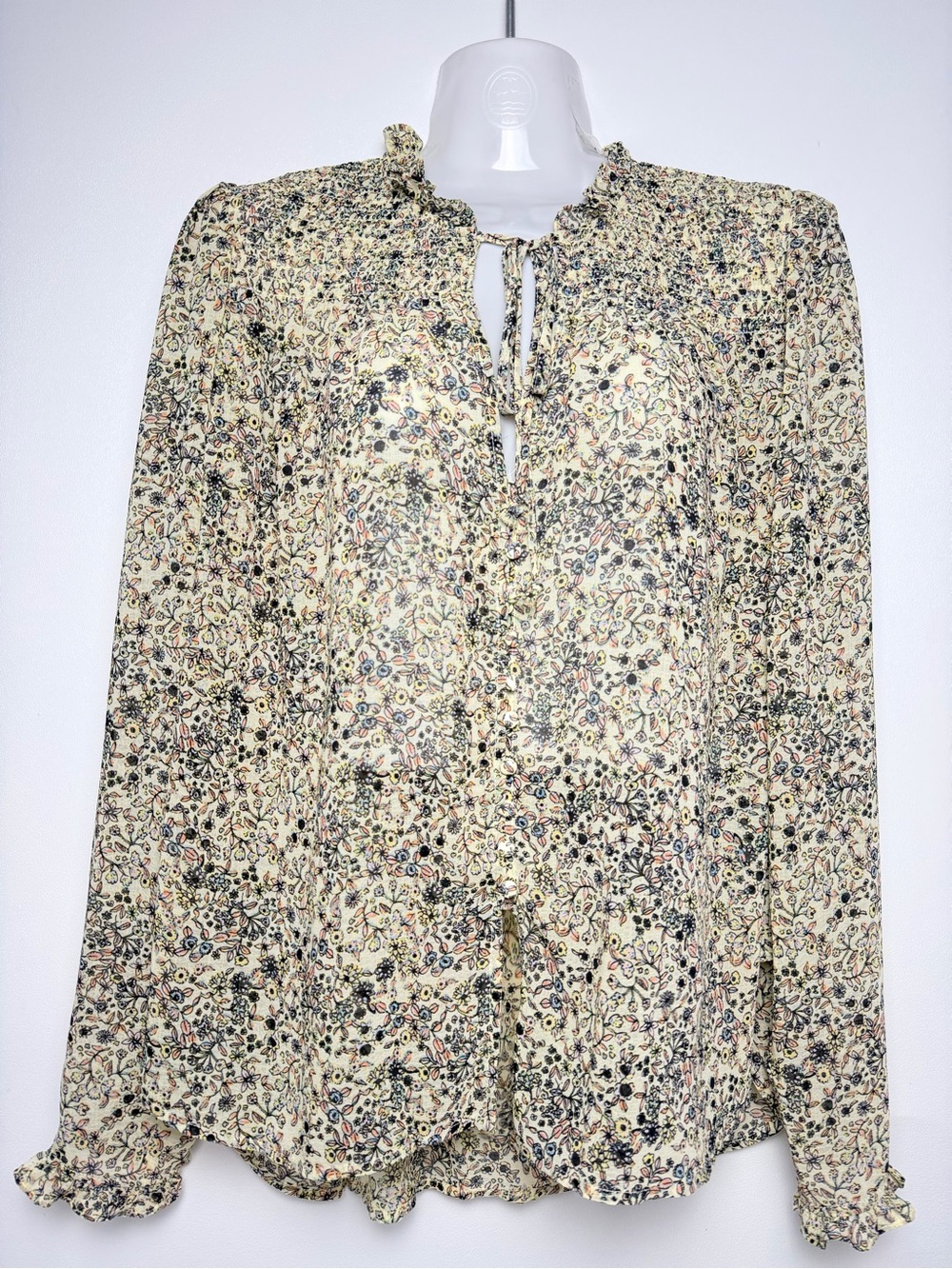 Free People Lela Chiffon Yellow Floral Boho Women Blouse  size S/L Oversized